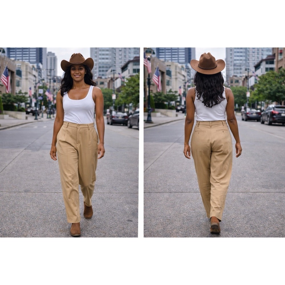 Vntge Jay Tan 90's Pants Front Seam Tan Twill Women's W28/L25-12 Tapered Legs